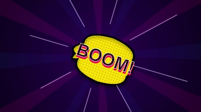 Comic book style BOOM speech bubble animation over purple radial sunburst background, yellow halftone cloud with red typography, retro pop art explosion graphic for video.