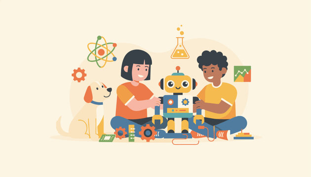 Young diverse children building a colorful toy robot together on the floor next to their cute golden retriever dog.