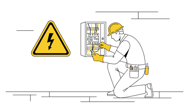 Professional electrician in a safety hard hat and gloves repairing an electrical panel on a basement wall.