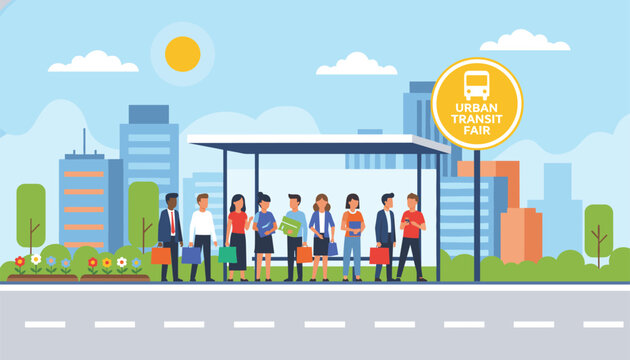 Large group of diverse daily commuters waiting at a modern city bus stop during the urban transit fair.