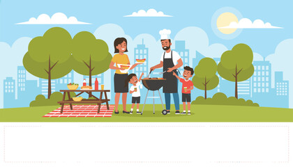 Fototapeta premium Happy family enjoying a summer barbecue picnic in a green city park with a large white banner template for custom text.