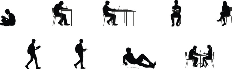 Fototapeta premium Diverse Silhouettes of People Reading and Studying vector illustration