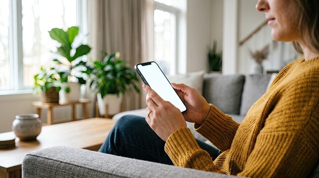 Modern phone mockup woman using smartphone on couch in bright living room setting