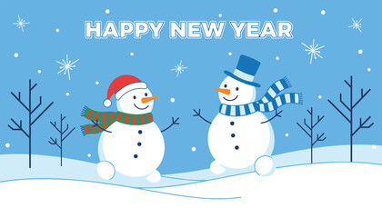 Fototapeta premium Happy new year greeting card featuring two cute snowmen wearing warm hats and scarves in a snowy winter landscape.
