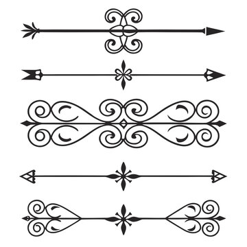 Vintage ornamental dividers and elegant decorative elements for design projects set includes artistic swirls floral accents classic black arrows and horizontal border frames for stationery.