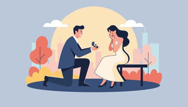 Romantic man proposing to his beautiful girlfriend on one knee in a scenic city park during a beautiful sunset.