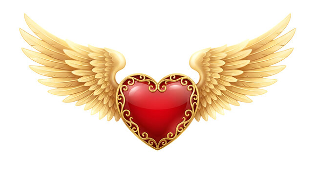 Glossy red heart with golden wings on transparent background with adorned elegant golden