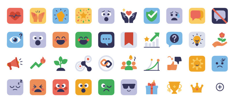 Social Media Emoji and UI UX App Icons Set with Colorful Squircle Button Elements