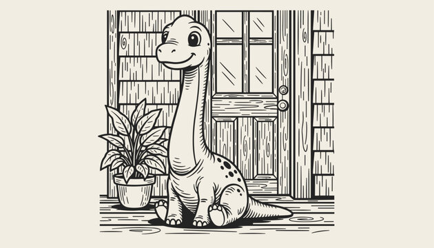 Cute baby brontosaurus dinosaur sitting on a rustic wooden porch by the door, perfect coloring page for children.