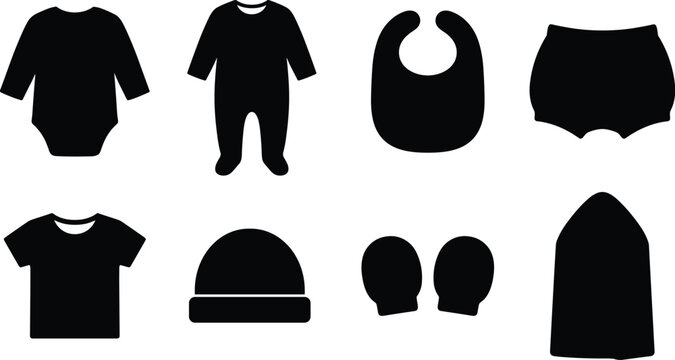 Collection of long sleeve baby clothing and infant accessories silhouette icons isolated on white background for newborn fashion design