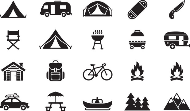 Camping Icons Set Tent Camper Fire And Outdoor Equipment