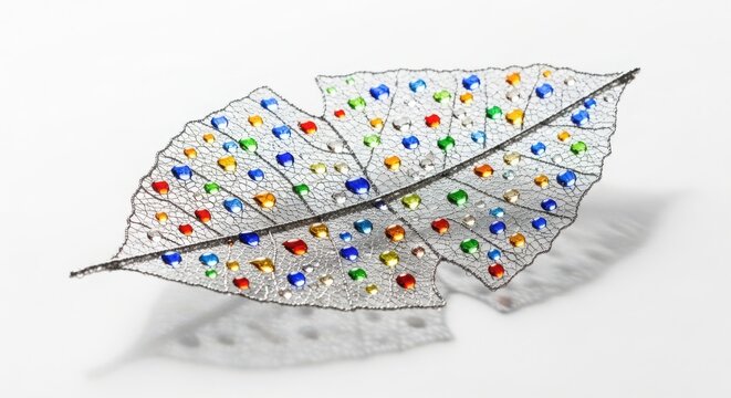 A single dry skeleton leaf covered with many bright multicolored dew water drops
