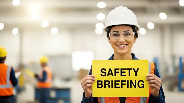 A cheerful female industrial worker holding a safety briefing sign in a factory setting.