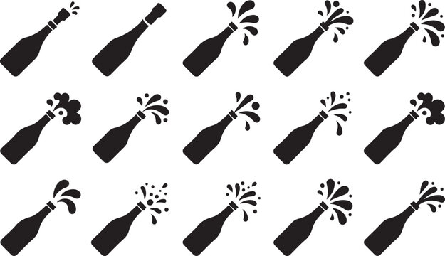 Champagne Bottle Silhouettes With Splash Black Vector Illustration Set
