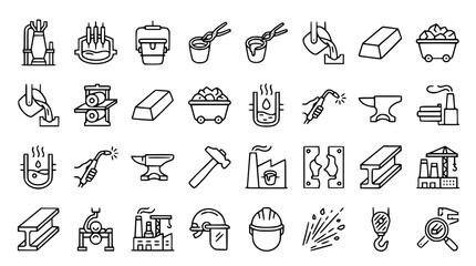 Naklejka premium Metallurgy manufacturing industry vector line icons bundle with steel factory foundry molten metal casting anvil and ironworks equipment