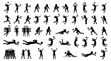 Volleyball female player silhouette icons mega pack featuring jump spikes block nets defense dives high fives and match team celebration elements © Kulsum