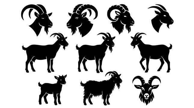 Horned goat and mountain ram silhouette icons set containing animal heads profile views standing livestock icons and farm ranch elements