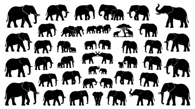 African elephant wildlife family herd silhouette icons mega set featuring walking bulls mothers calves acacia trees and safari fauna elements