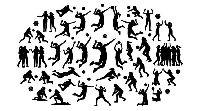 Volleyball athlete team action silhouette icons mega set featuring jumping spikes blocking diving passes serving and match celebration elements