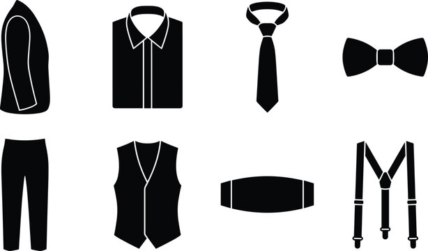 Collection of men formal wear and suit accessories silhouette icons isolated on white background for classic fashion design