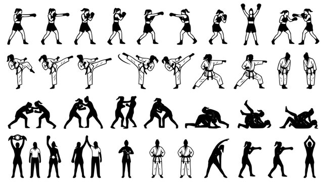 Martial arts combat and wrestling silhouette icons mega set containing boxing stances judo throws jiu jitsu grappling and karate punch elements