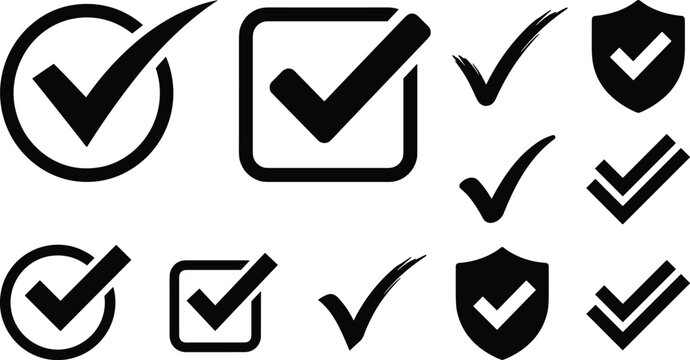 Checkmark Icon Set with Tick Marks in Circles Squares and Shields for Approved Choices Voting Feedback and Survey Interface Designs