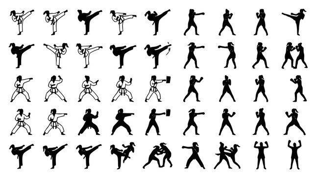 Martial arts and karate silhouette icons mega set featuring combat fighting poses taekwondo kicks boxing stances and self defense athlete elements