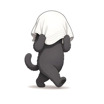 A dark gray cat walks on two legs with its head covered with a towel, preparing for a bath. A modern vector-style digital illustration isolated on a clean white background.