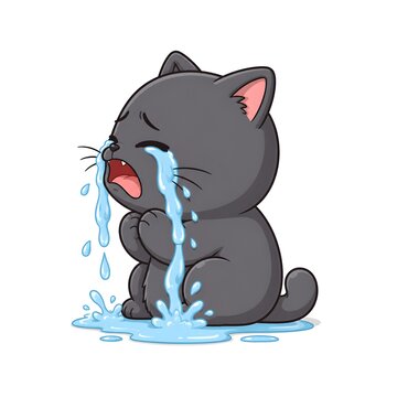 Cute modern vector-style illustration of a very sad cat crying with excessive tears while sitting like a child. Side view kawaii character isolated on a clean white background, perfect for stickers.