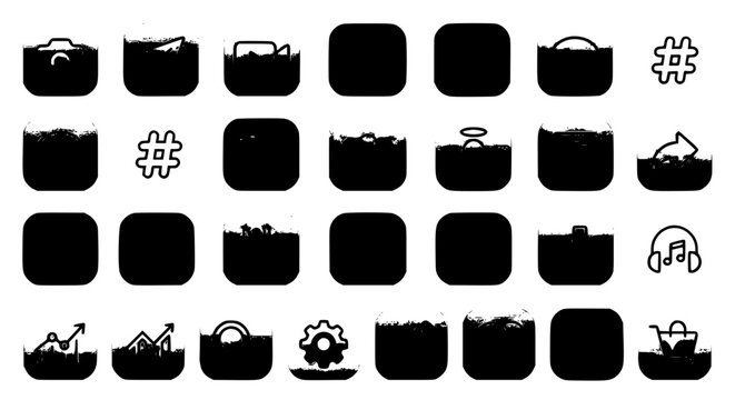 Social media and mobile application UI solid silhouette icon vector set with user profile settings audio hashtag and chat elements