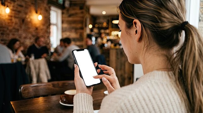 Realistic phone mockup in cafe showcase app or website design with lifestyle scene