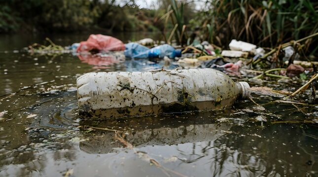 Plastic bottle floating in polluted river water with trash