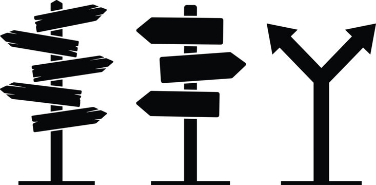 Directional Signpost Vector Set with Blank Wooden Pointer Boards Crossroads Split and Fork Road Path Symbols for Navigation and Strategy Decision Designs