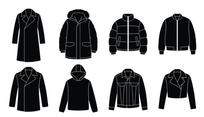 Collection of men and women winter jackets and coats silhouette vector icons for seasonal fashion commercial retail design © Rahim 