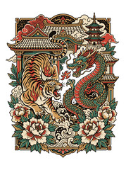 Naklejka premium Tiger Tattoo Artwork in Traditional Japanese Style with Dragon and Peonies