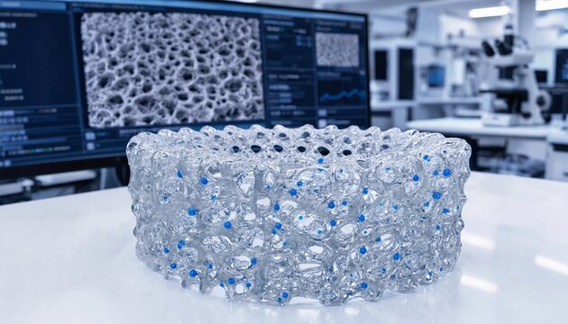 Close-up of a 3d-printed antibiotic-loaded scaffold with a complex porous structure designed for advanced tissue engineering applications and sustained local drug delivery in medical treatments