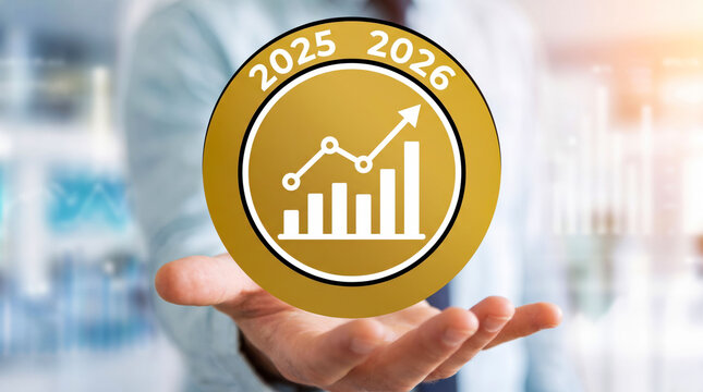 Hands holding golden growth target badge with 2025 2036 years and upward chart