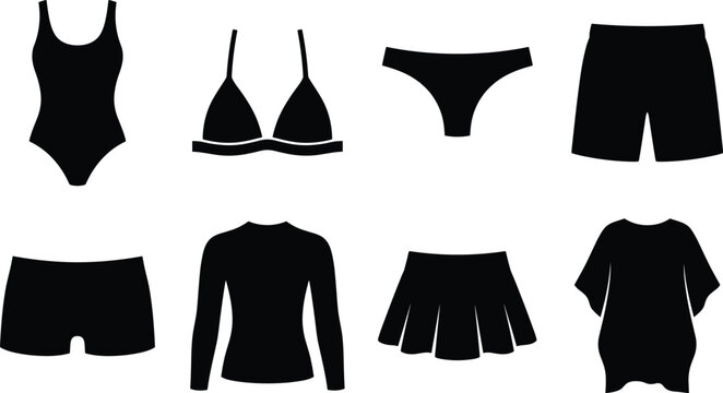 Collection of swimwear and beach apparel silhouette icons isolated on white background for fashion and summer vacation concepts