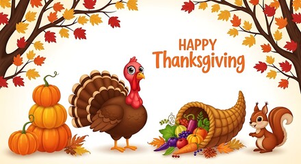 Obraz premium Festive thanksgiving illustration with turkey cornucopia and autumn foliage