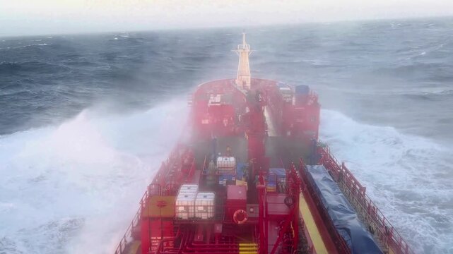 Cargo ship, red vessel, navigating rough seas, heavy weather, maritime transport