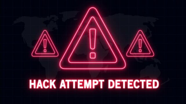 Cyber security alert warning sign with glowing red neon triangles and hack attempt detected text overlay on a digital map background, for network protection, and information technology, safety 