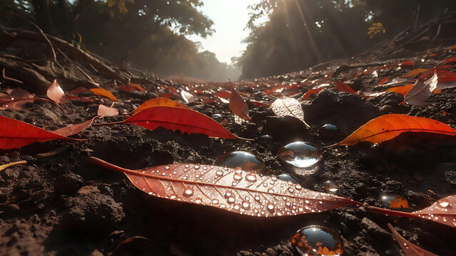 Low angle macro shot of red autumn leaves and sparkling water droplets on dark forest soil with golden sunlight filtering through trees