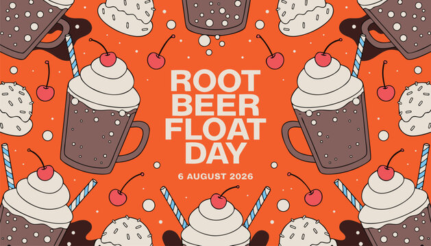 Decorative illustration celebrating root beer float day with creamy beverages