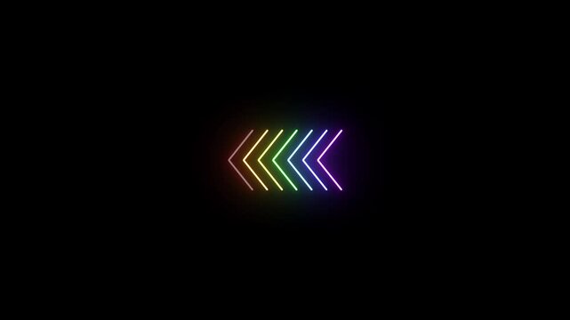 Neon glowing rainbow chevron arrows with left backward rewind direction 4k 25fps