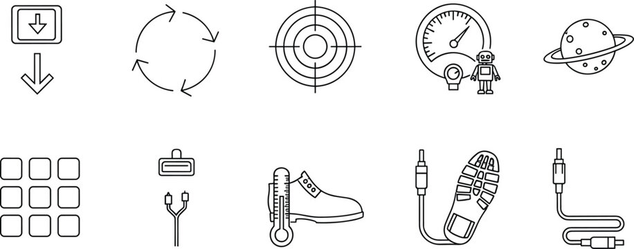 Technology and Utility Line Icon Set with Interface Navigation Tools and Device Symbols