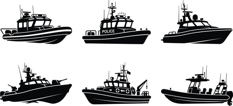 Patrol boat silhouette collection with flashing lights, police and coast guard interceptor vector set, emergency rescue vessel symbols, maritime security and law enforcement ship icons isolated