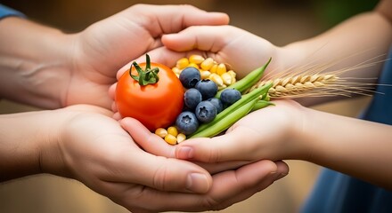 Hands holding fresh harvest of vegetables and grains