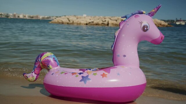 Pink unicorn inflatable float resting on the sandy shore of Plage de la Gravette in Antibes, France, with calm Mediterranean water and rocky breakwater in the background