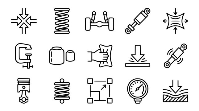 Car suspension and mechanical shock absorber line icon set featuring automotive springs strut dampener pressure gauge engineering symbols