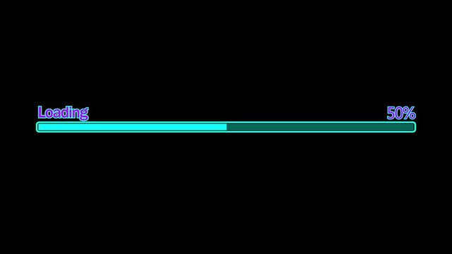 Glitch loading bar. Animation of cyberpunk style loading bar with glitch effect. Futuristic uploading progress bar with distortion effect isolated on black background. Loading screen  style 4K video.